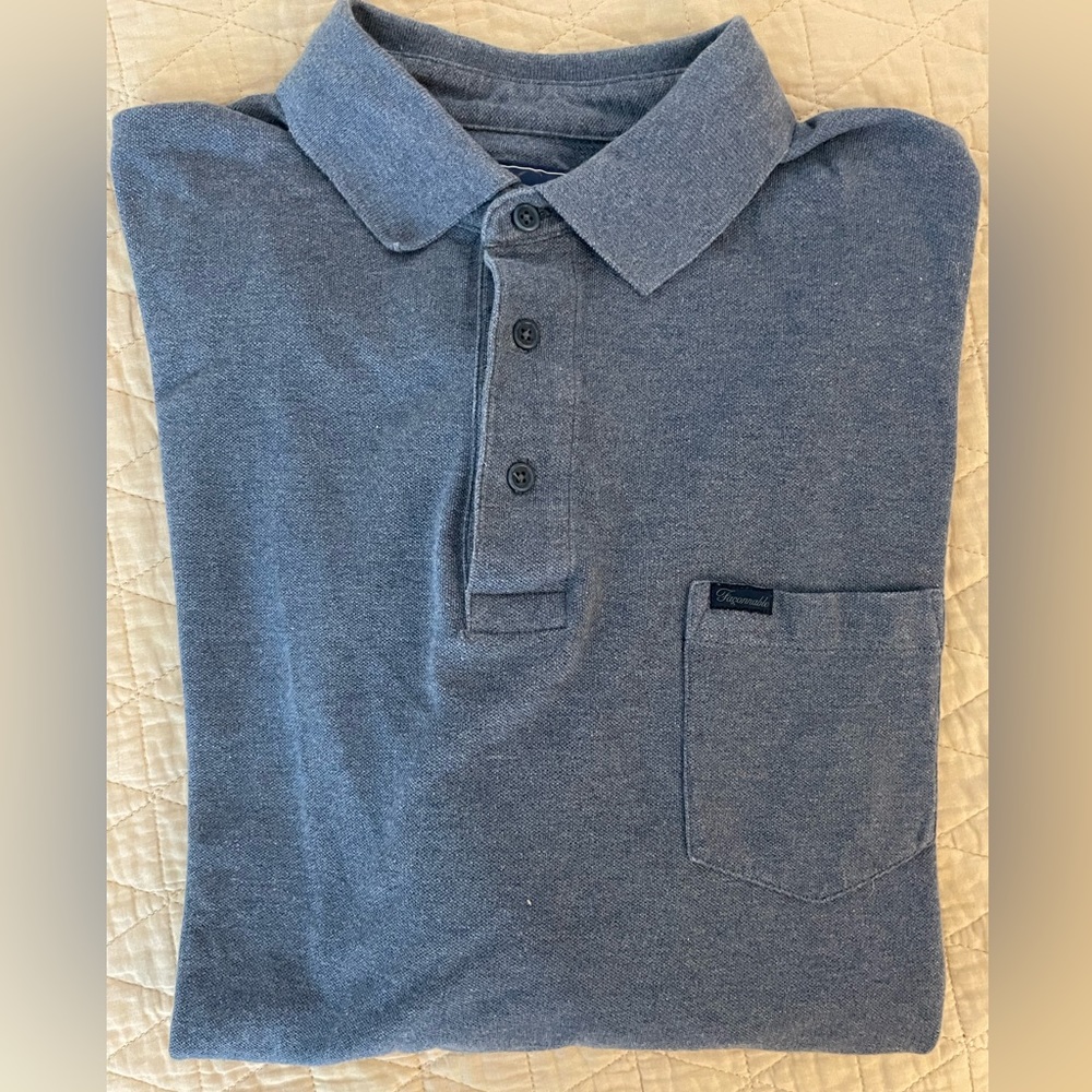 Faconnable Long Sleeve Mesh Pique Knit Pocket Polo‎ Shirt in Heather Blue Size L